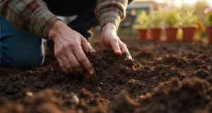 Gros plan des mains dans le sol, préparant la terre pour planter