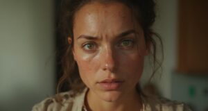 Gros plan sur le visage d'une femme avec un regard pensif et sérieux.