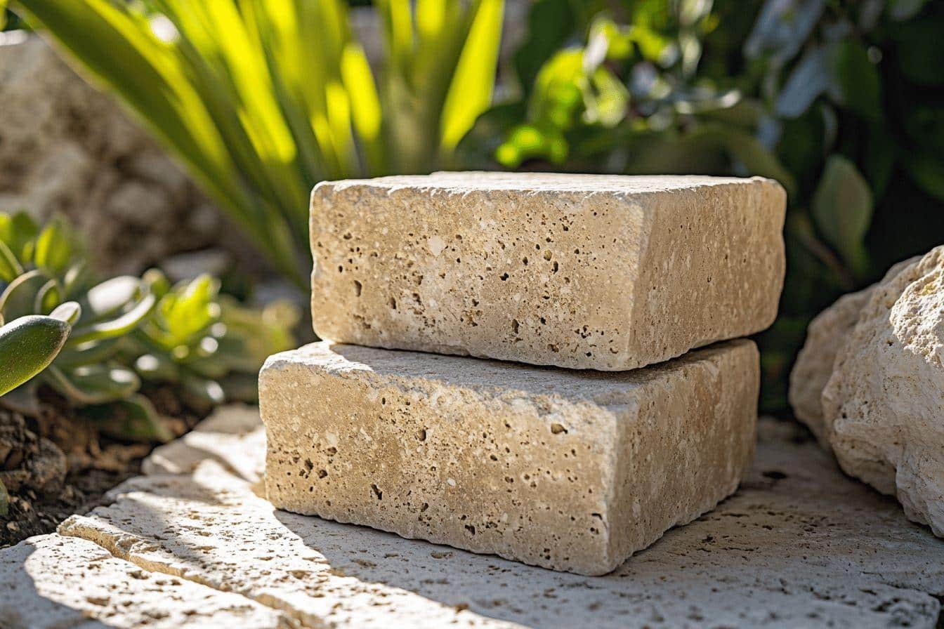 Deux blocs de pierre beige texturés dans un jardin verdoyant