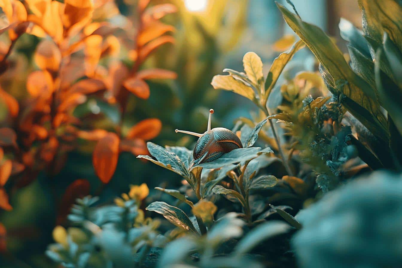 Caracol sobre hoja verde y naranja, macro en primer plano