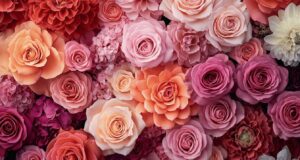 Composition florale de roses dans des tons dégradés de rose et rouge