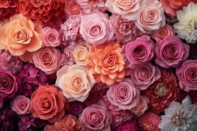 Composition florale de roses dans des tons dégradés de rose et rouge