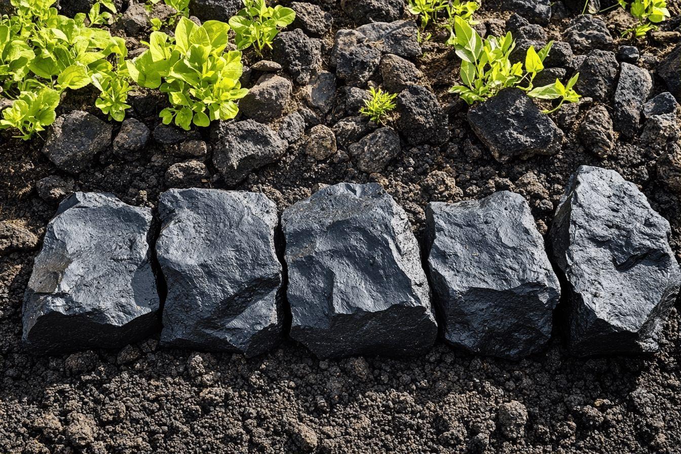 Roches sombres rangées avec végétation jaune-vert
