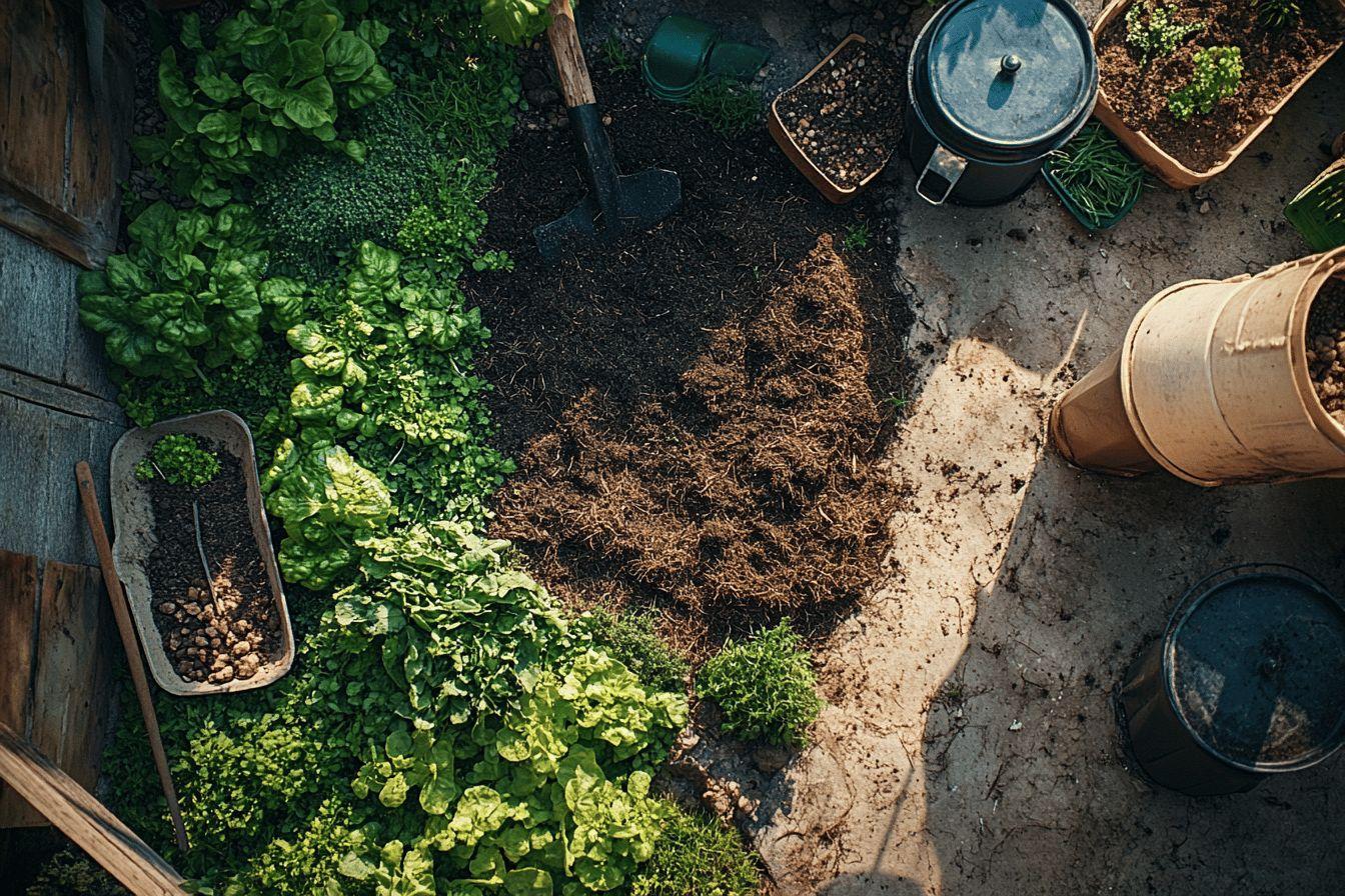 Vue de dessus de plants verts, terreau et outils de jardinage