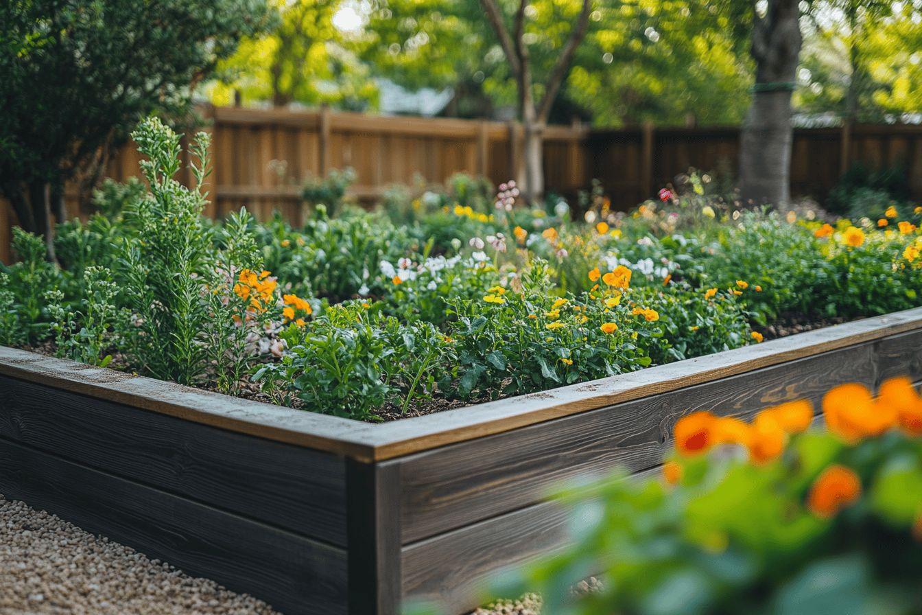 Carré de plantation en bois avec fleurs jaunes et vertes