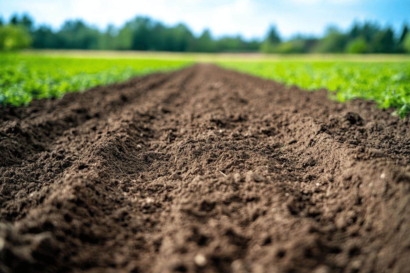 Gros plan sur un rang de terre fraîchement labourée
