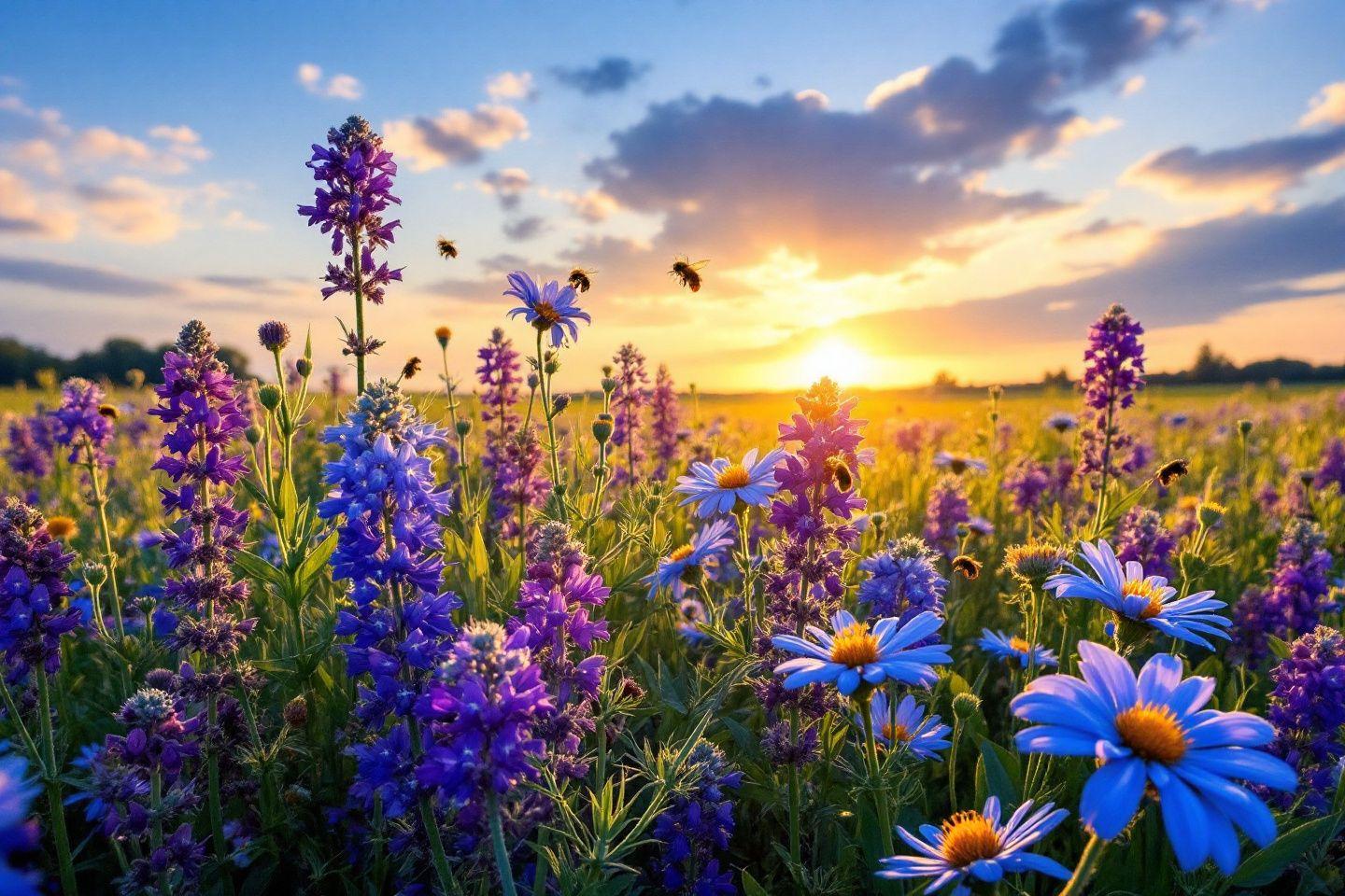 Flores azules y violetas con abejas al atardecer