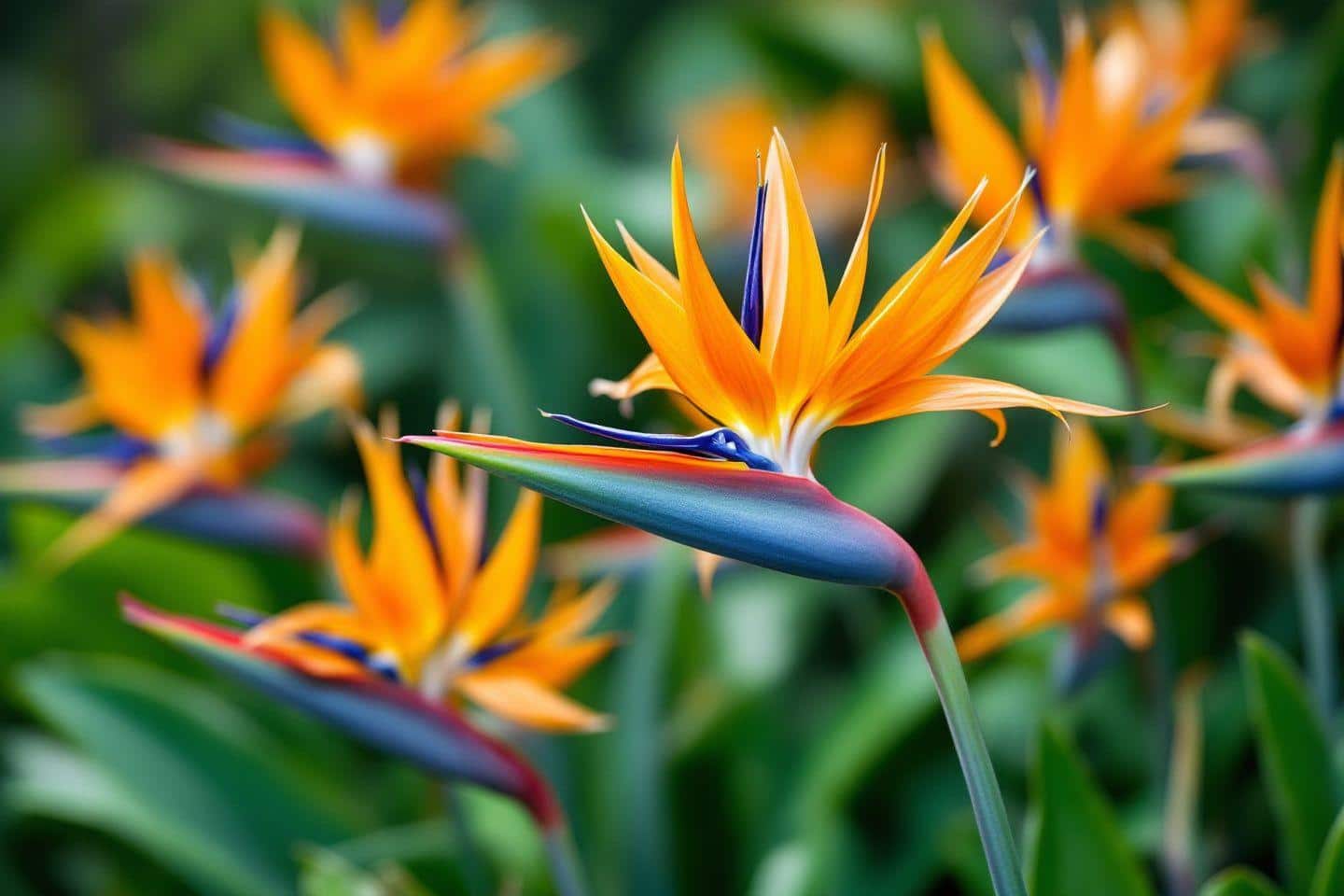 Gros plan de fleurs oranges et bleues de strelitzia dans un jardin