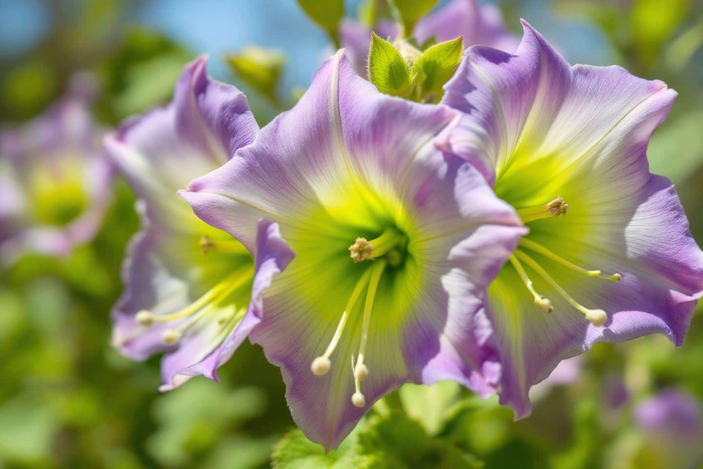 Grande plano de campânulas roxas e verdes luminosas