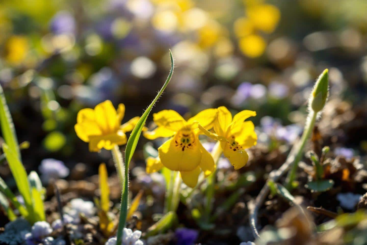 Grande plano de narcisos amarelos rodeados de pequenas flores violetas