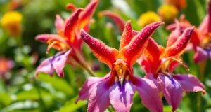 Gros plan sur des orchidées roses, rouges et orangées épanouies