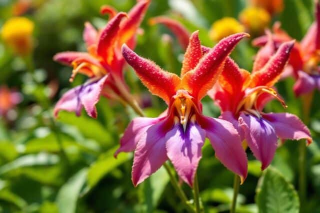 Gros plan sur des orchidées roses, rouges et orangées épanouies