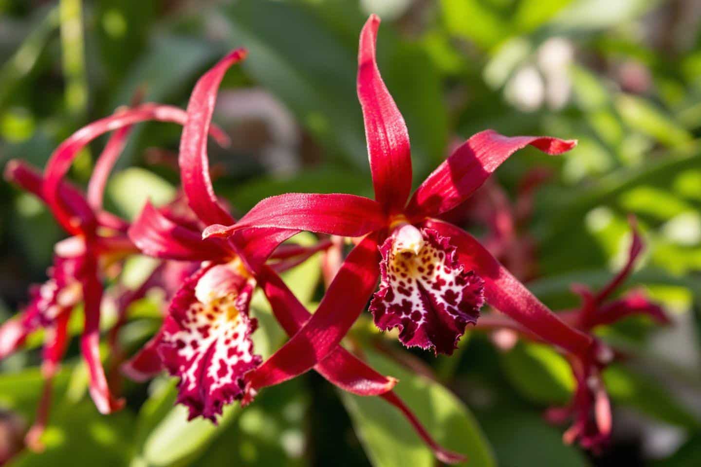 Flores de orquídeas rojas con pétalos alargados y centro manchado