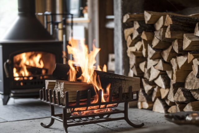 Un salon rustique avec une cheminée brûlant des bûches de bois dur.