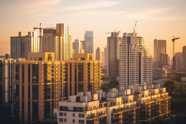 Vue d'une skyline urbaine au coucher du soleil