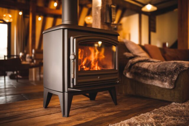Un poêle à bois moderne dans un salon confortable
