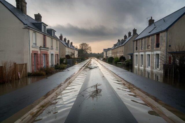 Rue résidentielle inondée avec maisons partiellement submergées