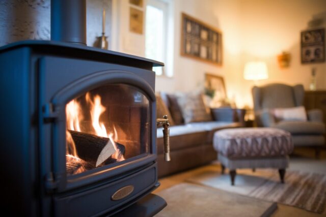 Poêle à bois moderne dans un salon confortable