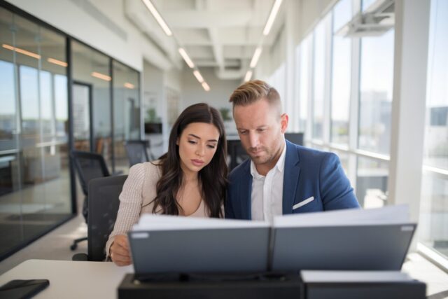Un couple consulte des annonces immobilières dans un bureau moderne