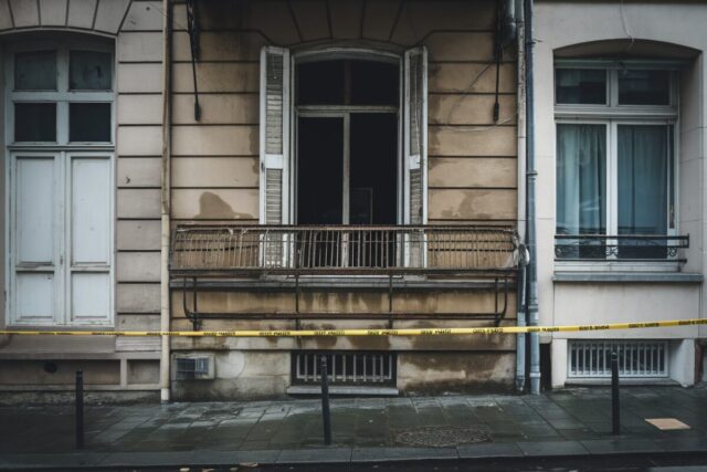 Immeuble ancien avec garde-corps de fenêtre abîmé et zone sécurisée