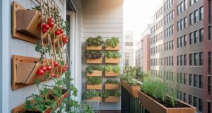 Un balcon urbain avec potager vertical, bacs suspendus et tomates grimpantes