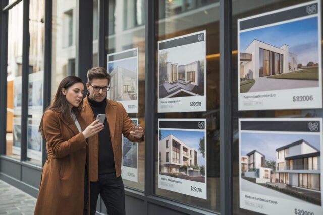 Un couple compare annonces immobilières et budget achat devant une agence
