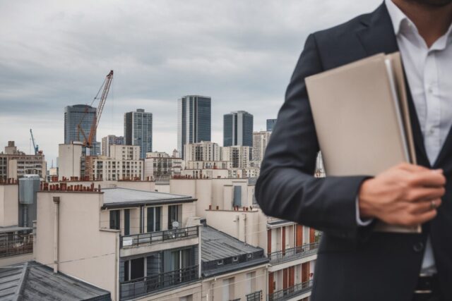 Panorama urbain français avec immeubles et signal d’investissement immobilier