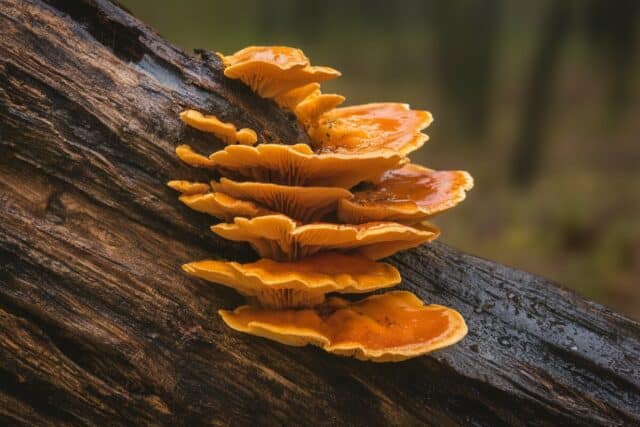 Polypore orange sur tronc mort en sous-bois humide