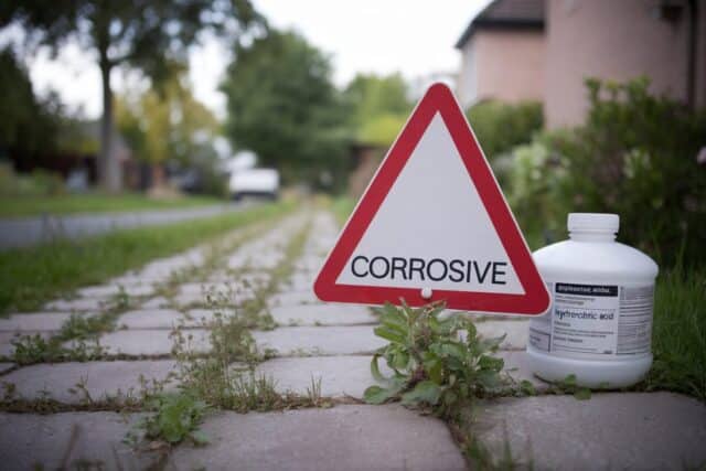 Panneau danger corrosif près d’une allée envahie de mauvaises herbes