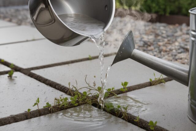 Eau de cuisson chaude versée sur mauvaises herbes entre dalles