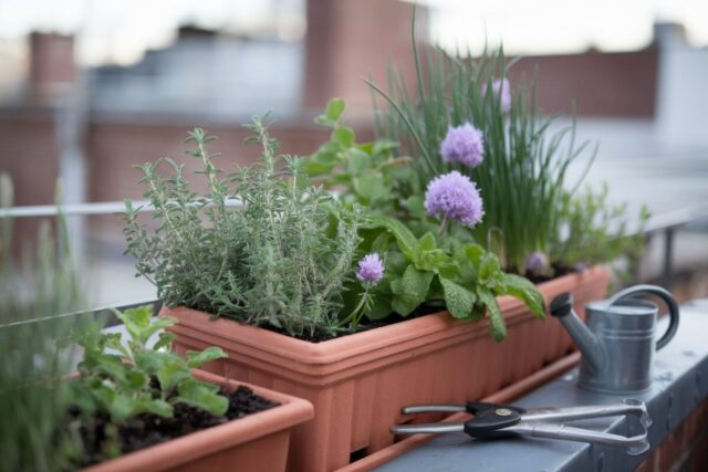 Jardinière de thym, origan, menthe et ciboulette sur un balcon