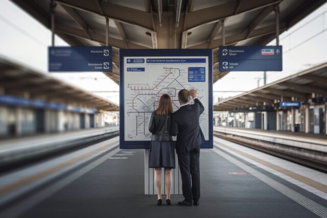 Un couple regarde un plan de transports en gare francilienne