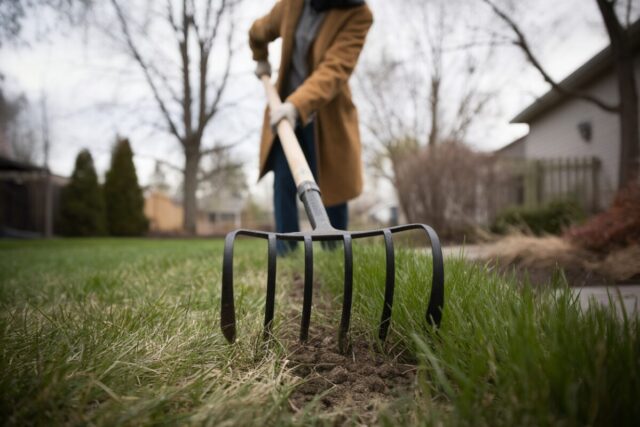 Jardinier aère une pelouse en mars avec une fourche