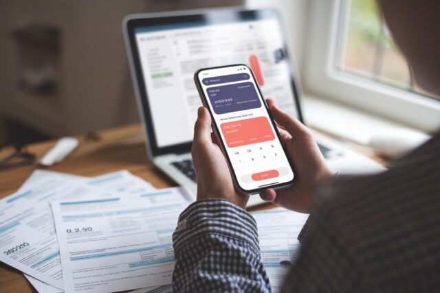 Un smartphone affiche un prélèvement automatique, avis d’impôt sur la table