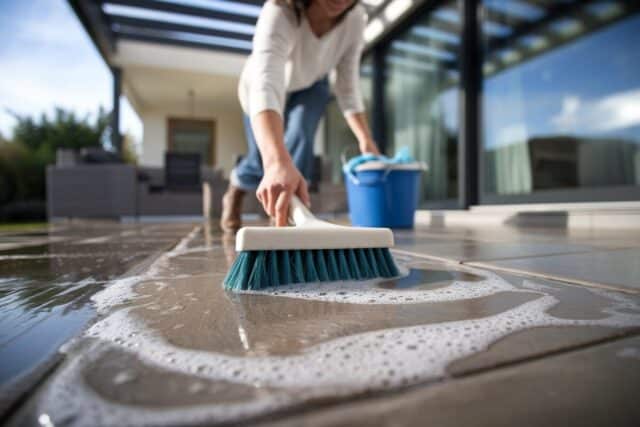 Brosse et seau d’eau savonneuse pour nettoyer une terrasse