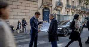 Discussion entre investisseurs devant un immeuble rue de Grenelle à Paris